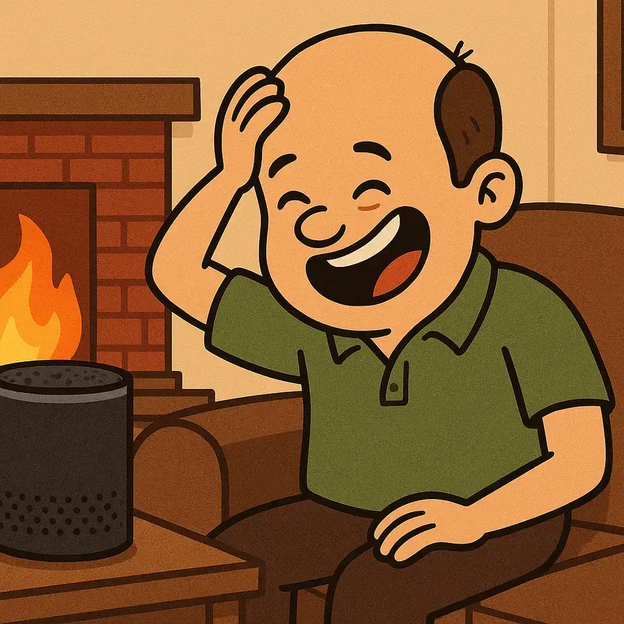 cartoon dad with big forehead laughing at smart speaker