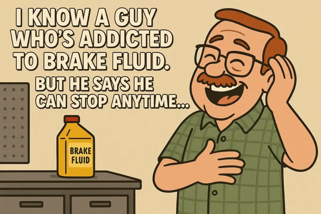 cartoon funny dad laughing at brake fluid pun for funny dad joke survivors