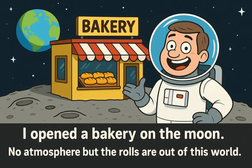 Funny Dad Joke Survivors cartoon of astronaut dad running a moon bakery