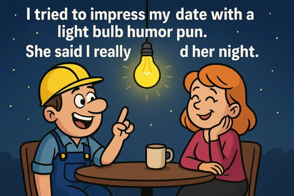 Funny cartoon of electrician telling light bulb pun on a date