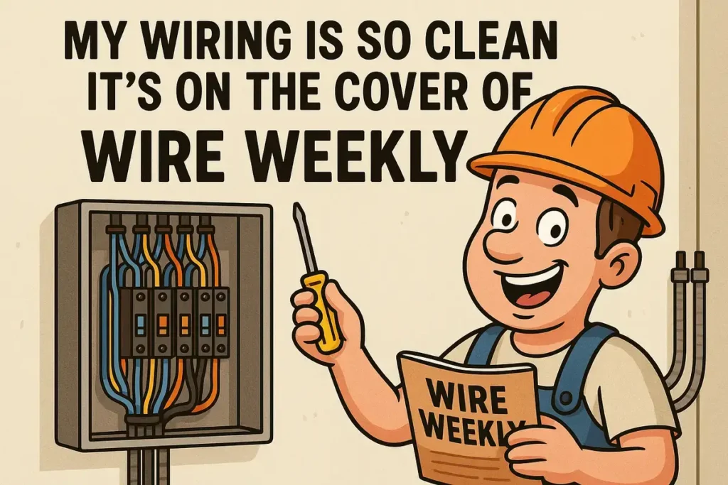 Funny electrician jokes cartoon with clean wiring and Wire Weekly cover