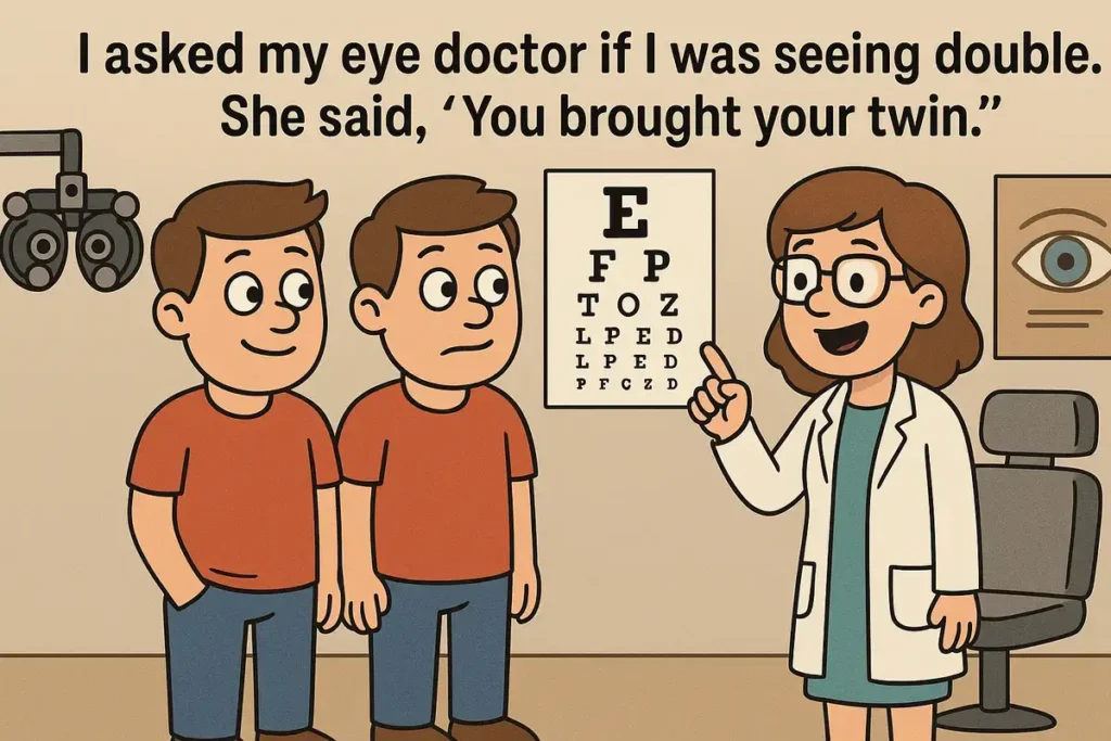Cartoon of a twin at eye doctor with caption "funny eye jokes" about seeing double