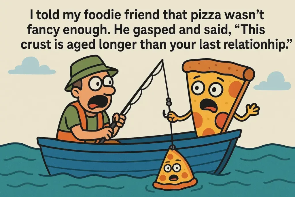 fisherman shocked as a pizza slice jokes in boat