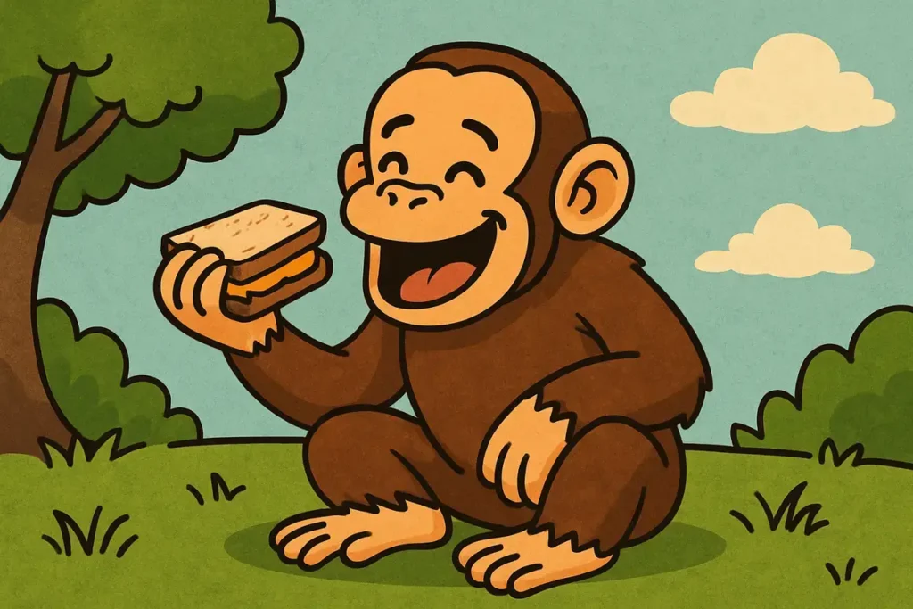 artoon monkey enjoying apricot sandwich