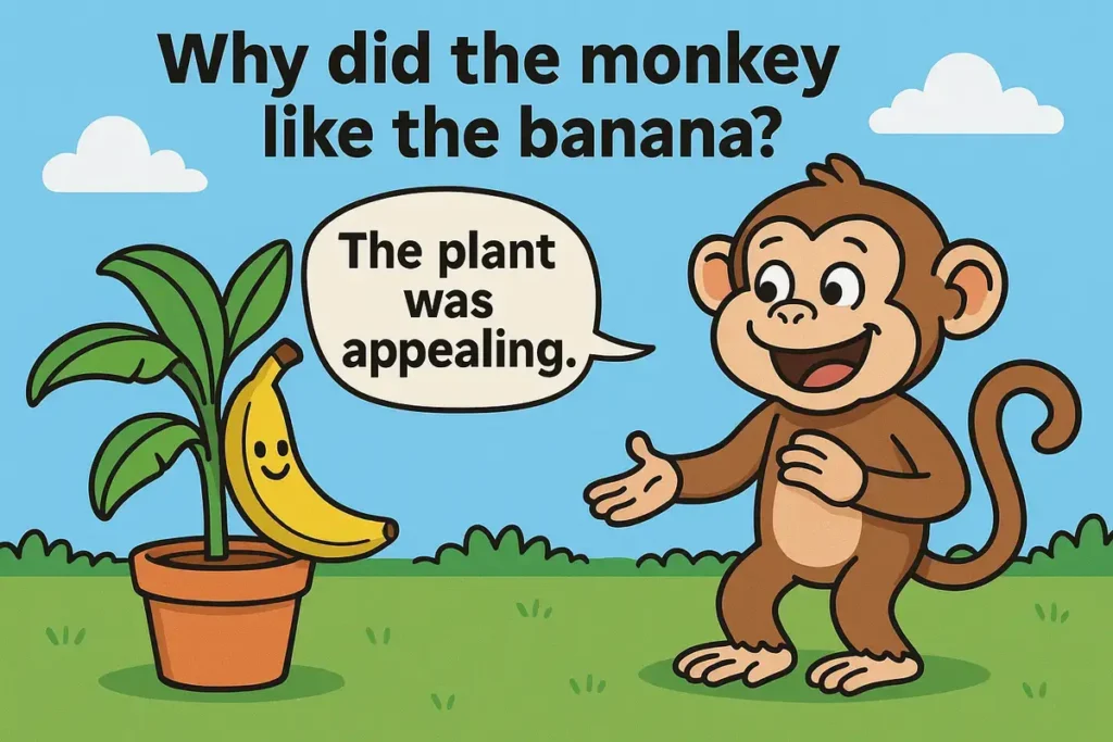 Cartoon monkey laughing at banana plant pun