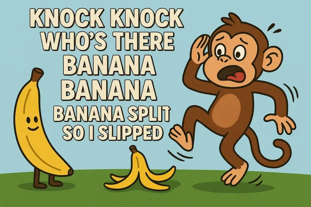 cartoon monkey slipping on banana peel with funny monkey jokes quote