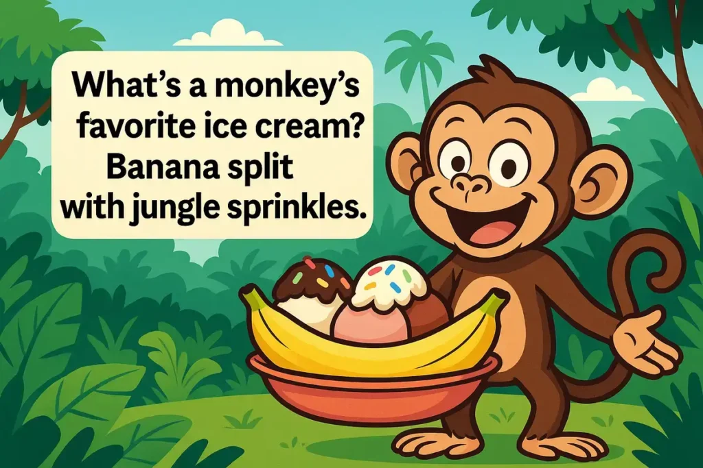 Funny monkey jokes cartoon with banana split and jungle sprinkles