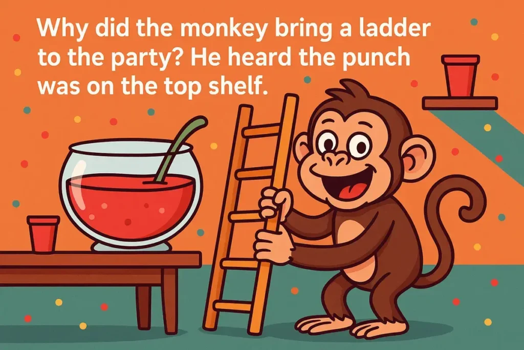 Cartoon monkey with ladder at party for punch
