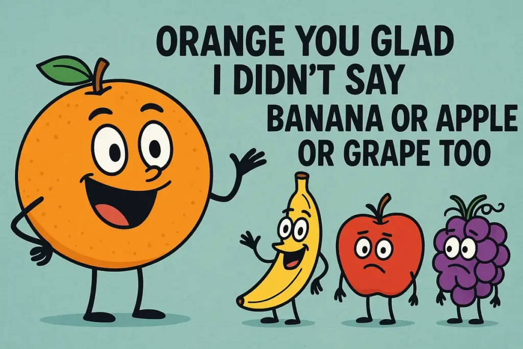 Cartoon fruits in a pun with text