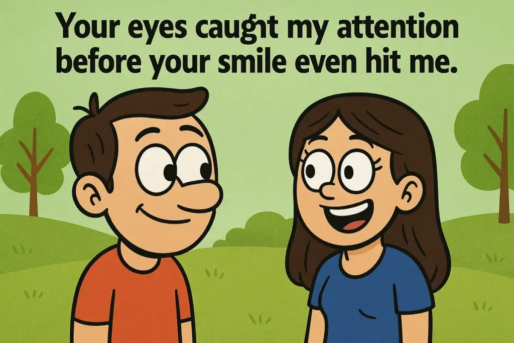 Cartoon couple in park with funny pick up line about eyes and smile.