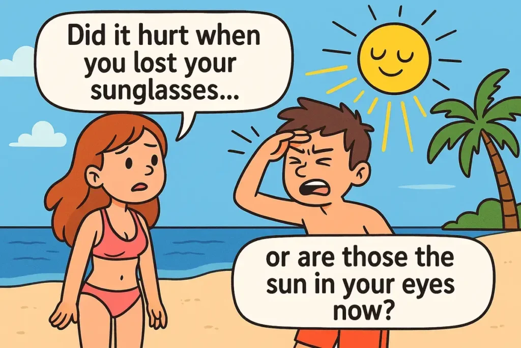 cartoon beach scene with a funny sun pun, pick up lines about eyes