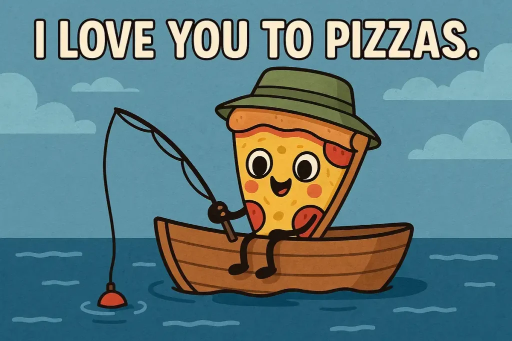 funny pizza slice fishing cartoon with text I love you to pizzas, best pizza jokes
