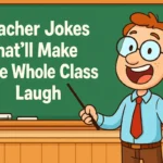 Cartoon teacher in classroom with chalkboard and funny teacher jokes