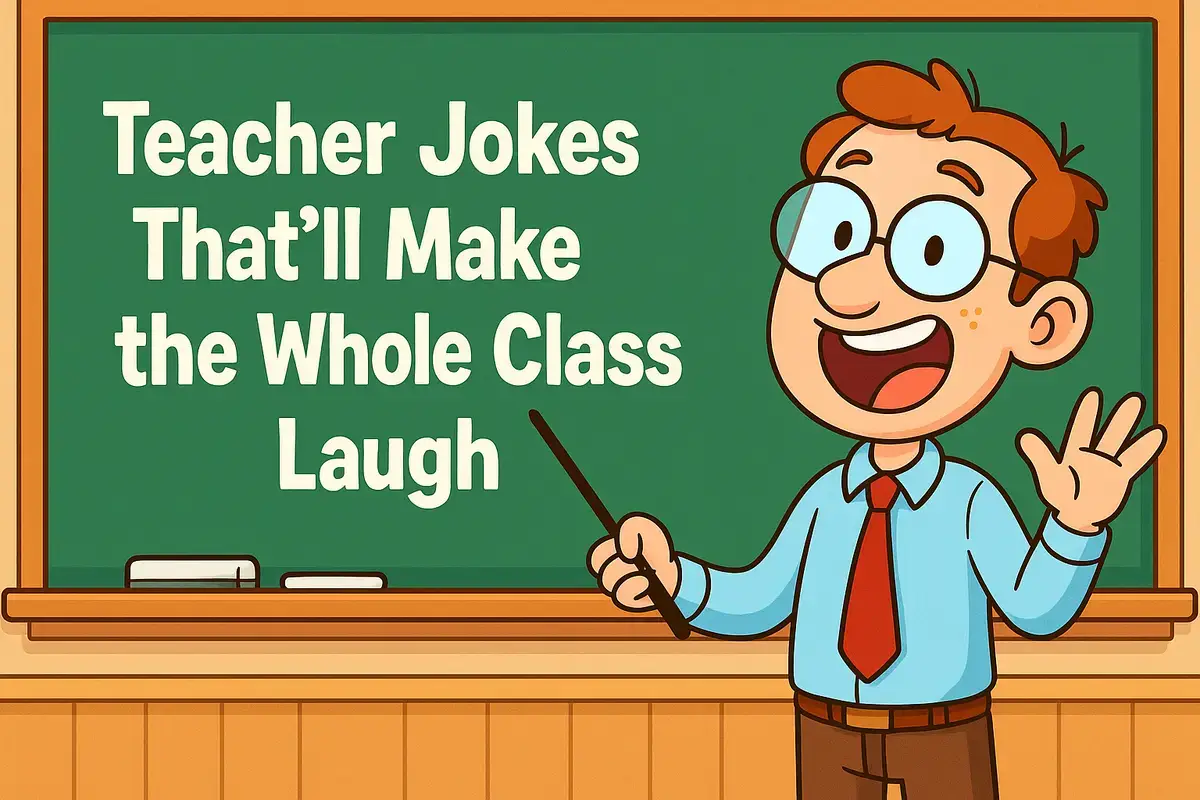 Cartoon teacher in classroom with chalkboard and funny teacher jokes