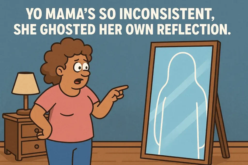 Cartoon of yo mama ghosting her reflection – yo mama joke compilation