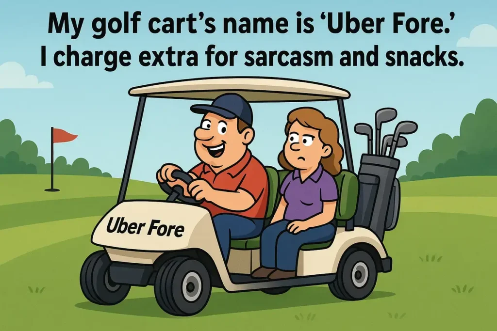 Cartoon golf cart “Uber Fore” joke on sarcasm and snacks