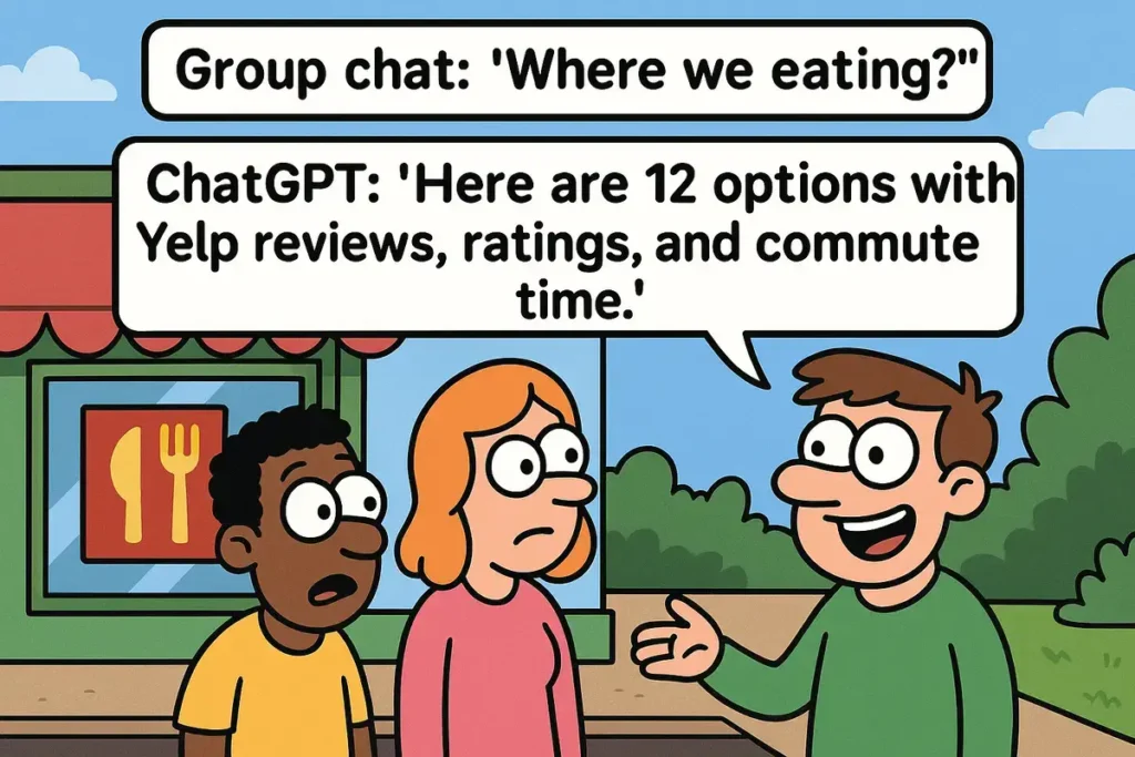 funny ChatGPT jokes group chat cartoon about restaurant options