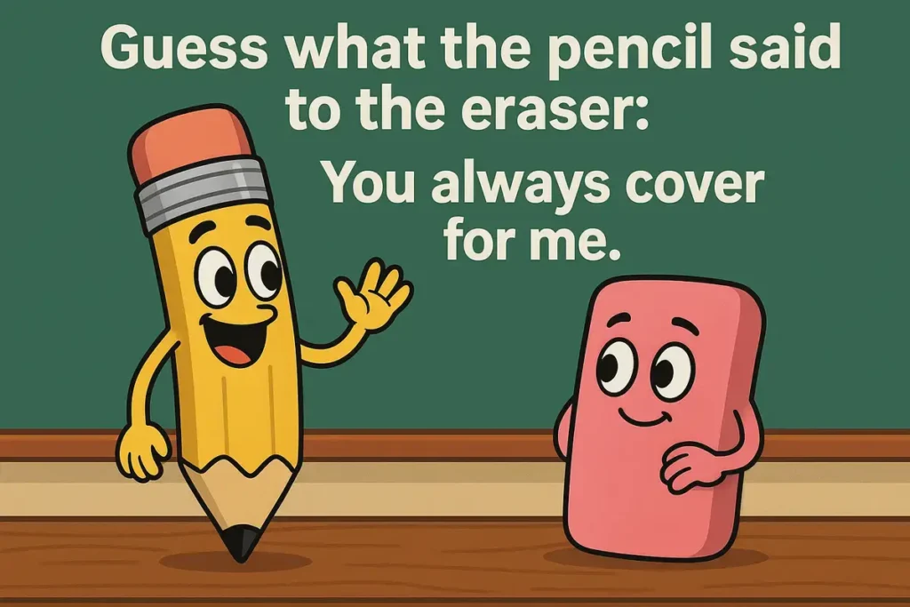 Funny cartoon pencil and eraser saying "you always cover for me"