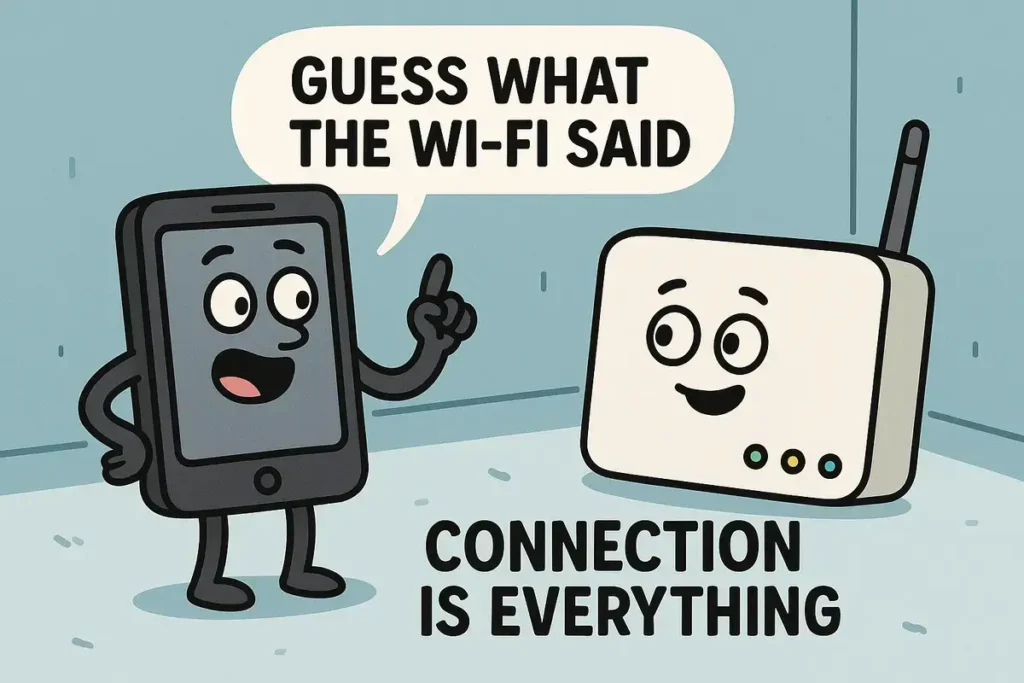 Cartoon phone and Wi-Fi router with text "Guess what the Wi-Fi said – Connection is everything" – guess what jokes.