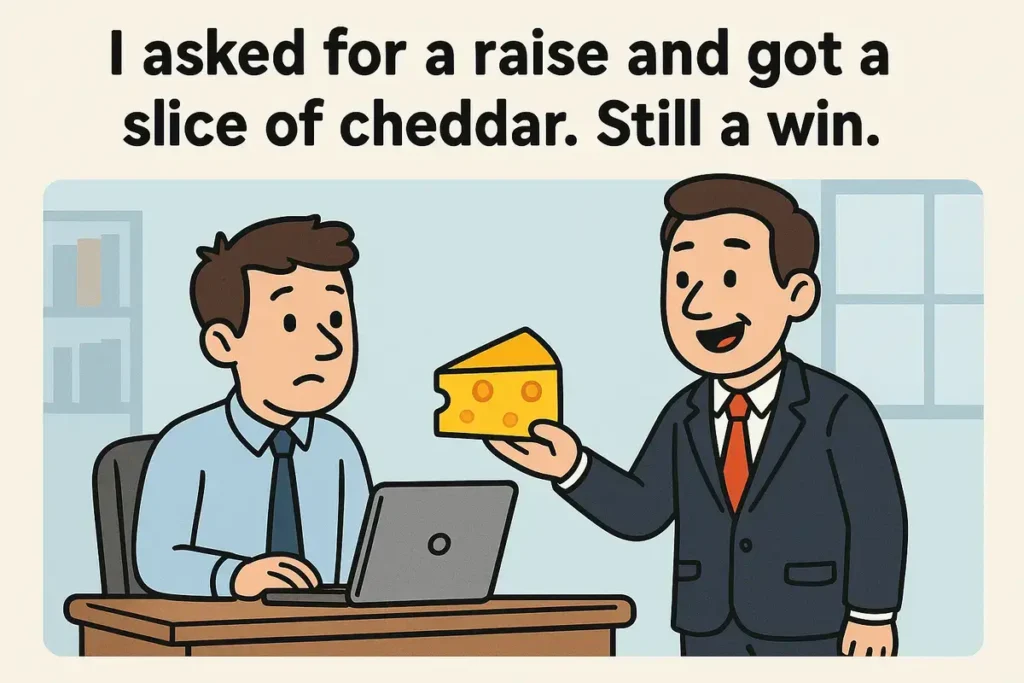 Hilarious cheese jokes cartoon about getting cheddar instead of a raise