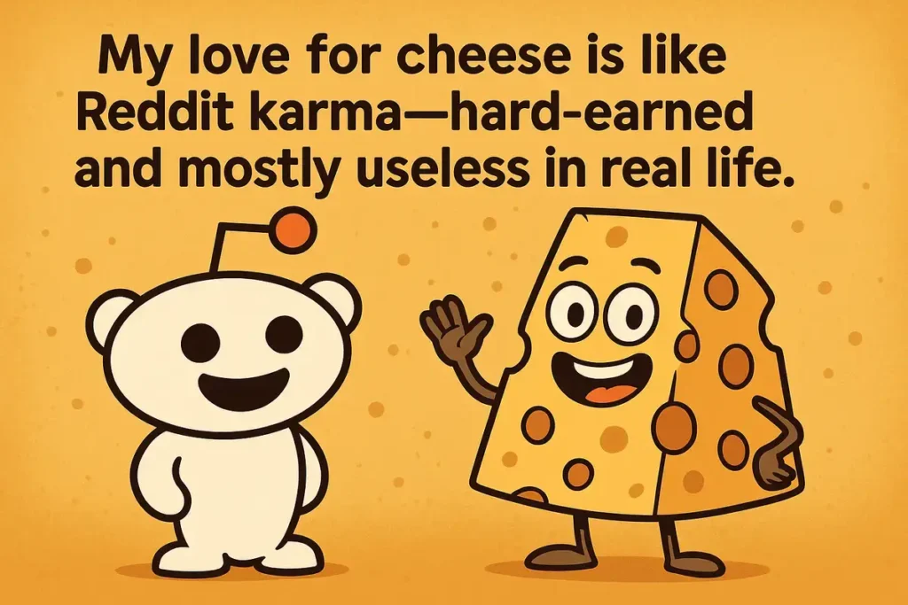 Cartoon cheese and Reddit alien with hilarious cheese jokes quote