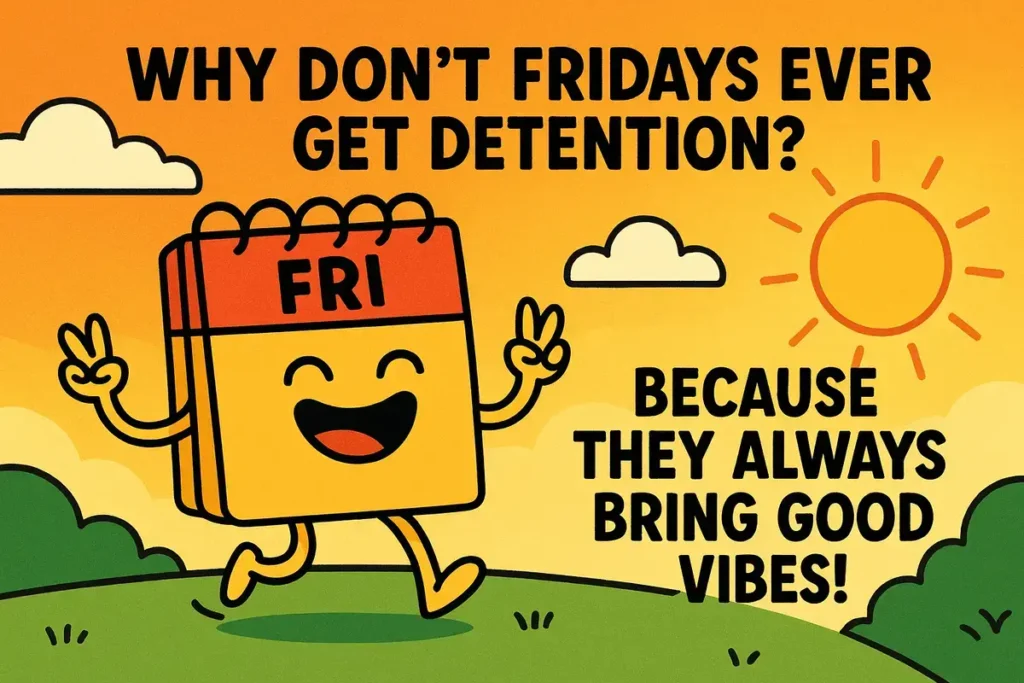 funny cartoon of Friday calendar character with hilarious Friday jokes pun
