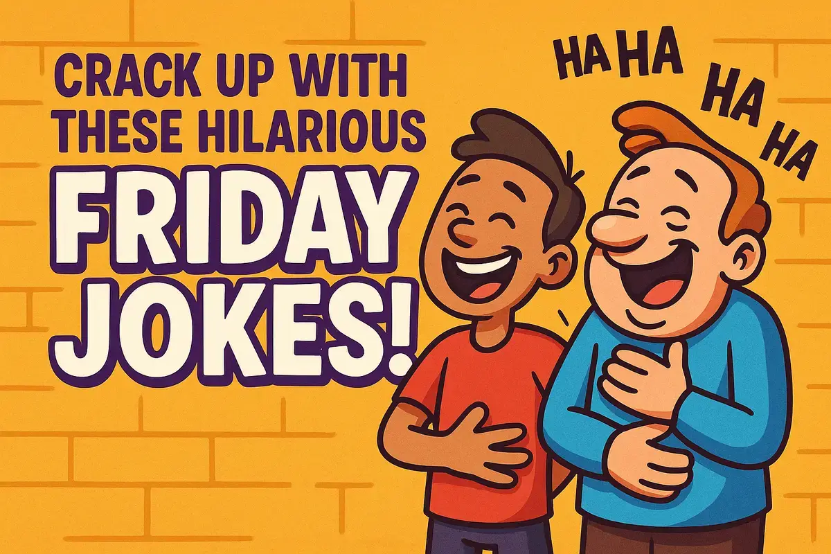 Two cartoon characters laughing over hilarious Friday jokes – the humor harvest