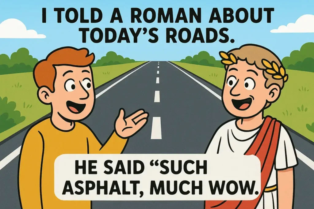 cartoon roman reacts to modern road saying “such asphalt, much wow”