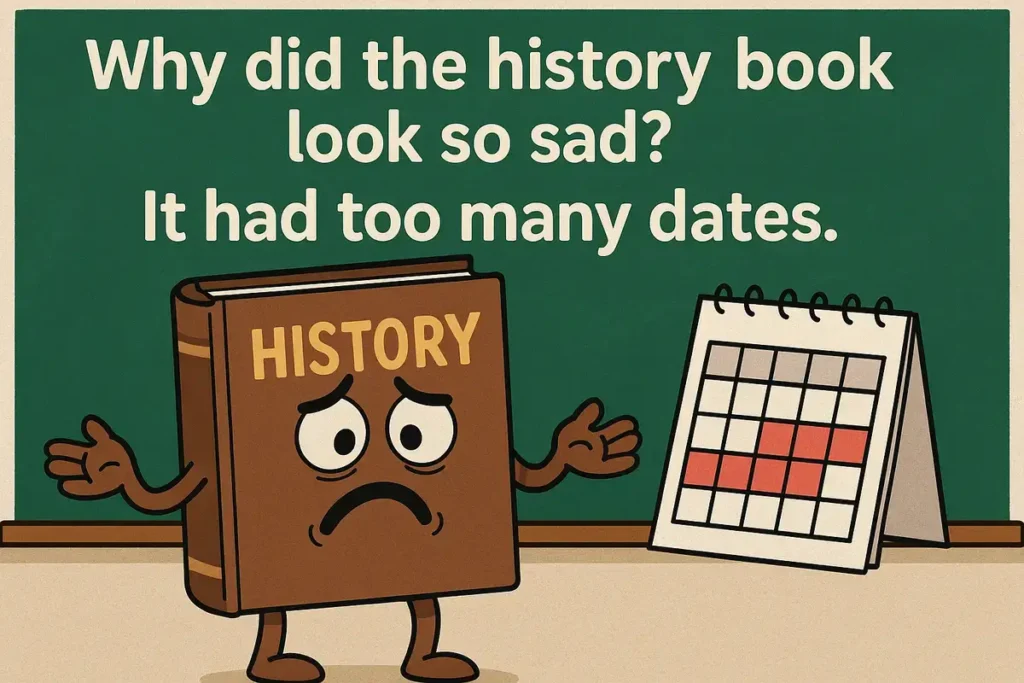 Sad cartoon history book joke with too many dates