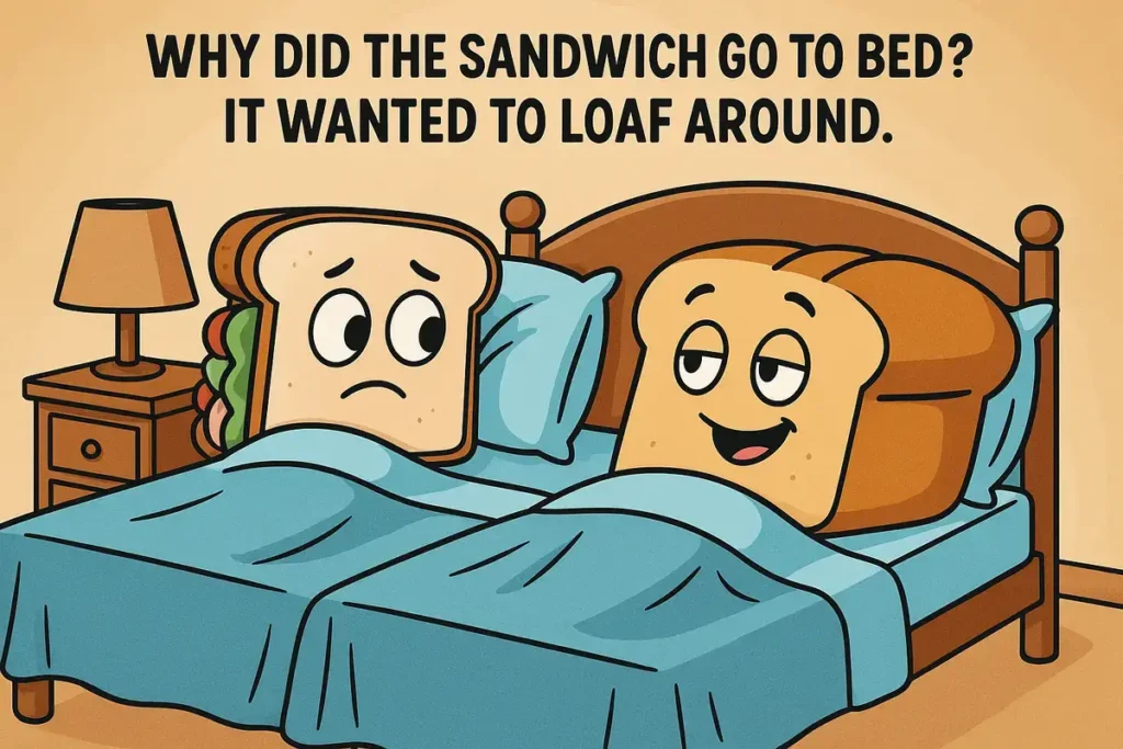 Cartoon sandwich and loaf in bed, hilarious lunchbox jokes for kids