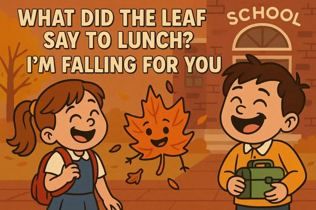 cartoon kids laughing at hilarious lunchbox jokes for kids with talking leaf
