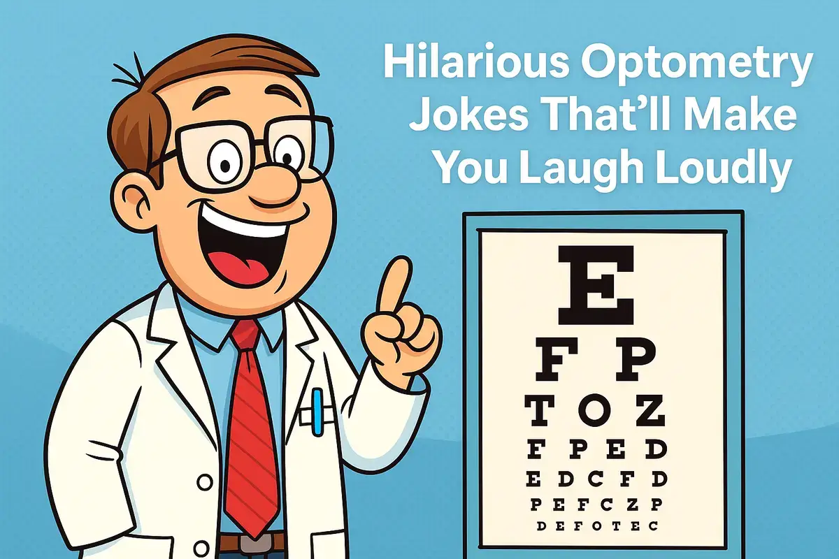 Cartoon optometrist laughing beside eye chart for hilarious optometry jokes