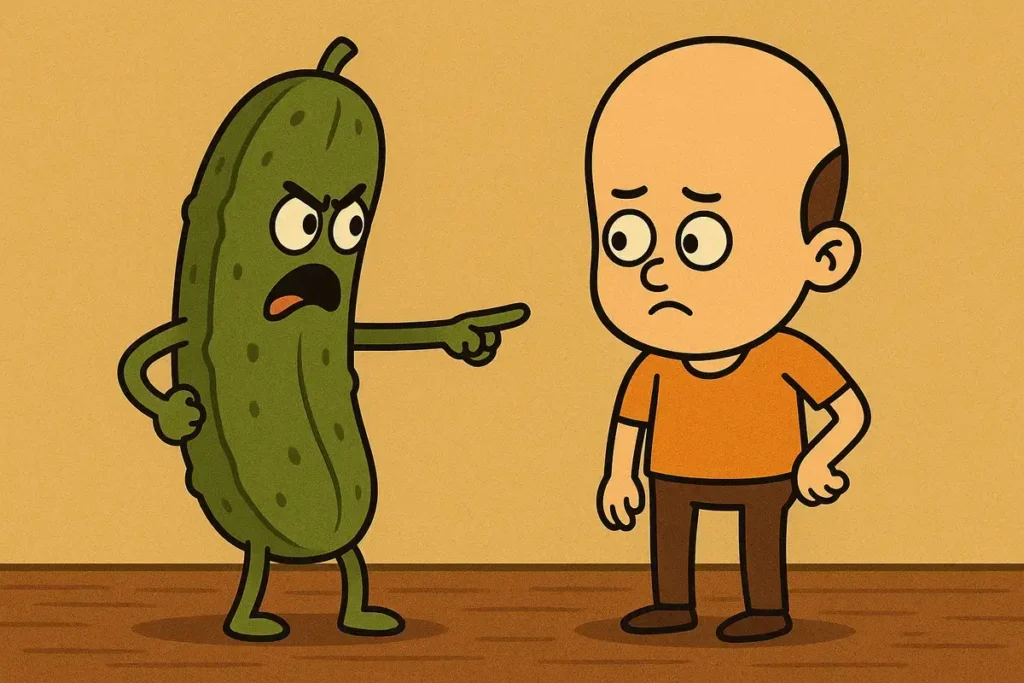 angry cartoon pickle roasting big forehead guy