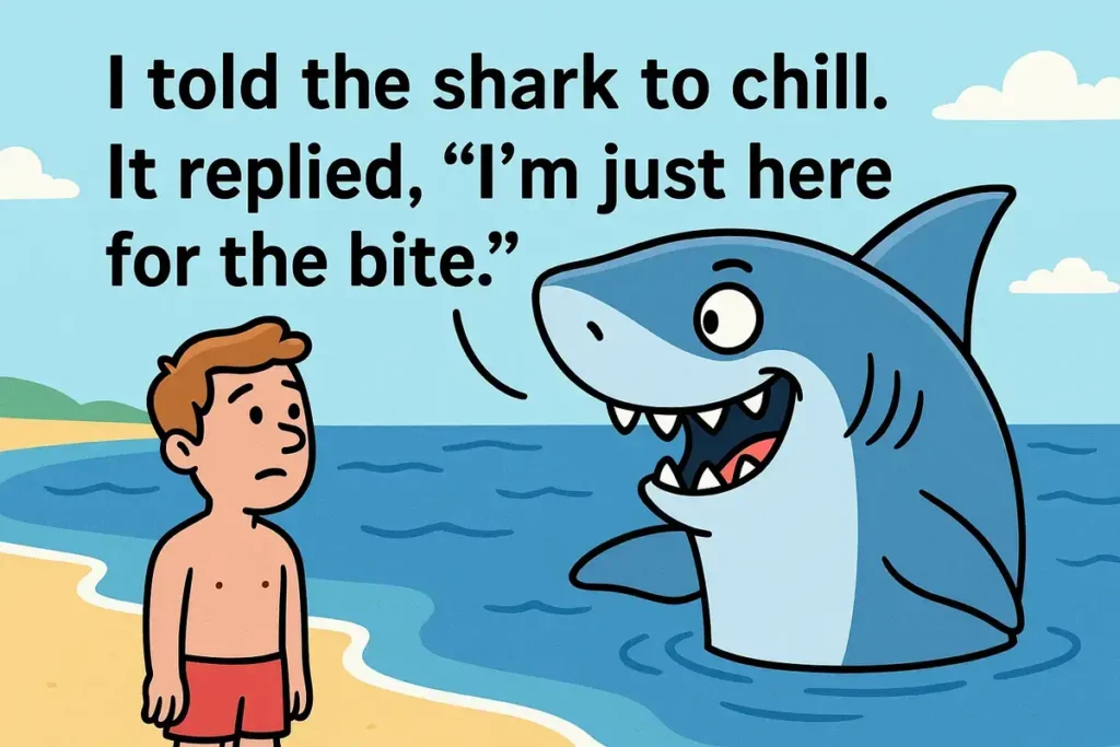Funny cartoon shark joke at the beach
