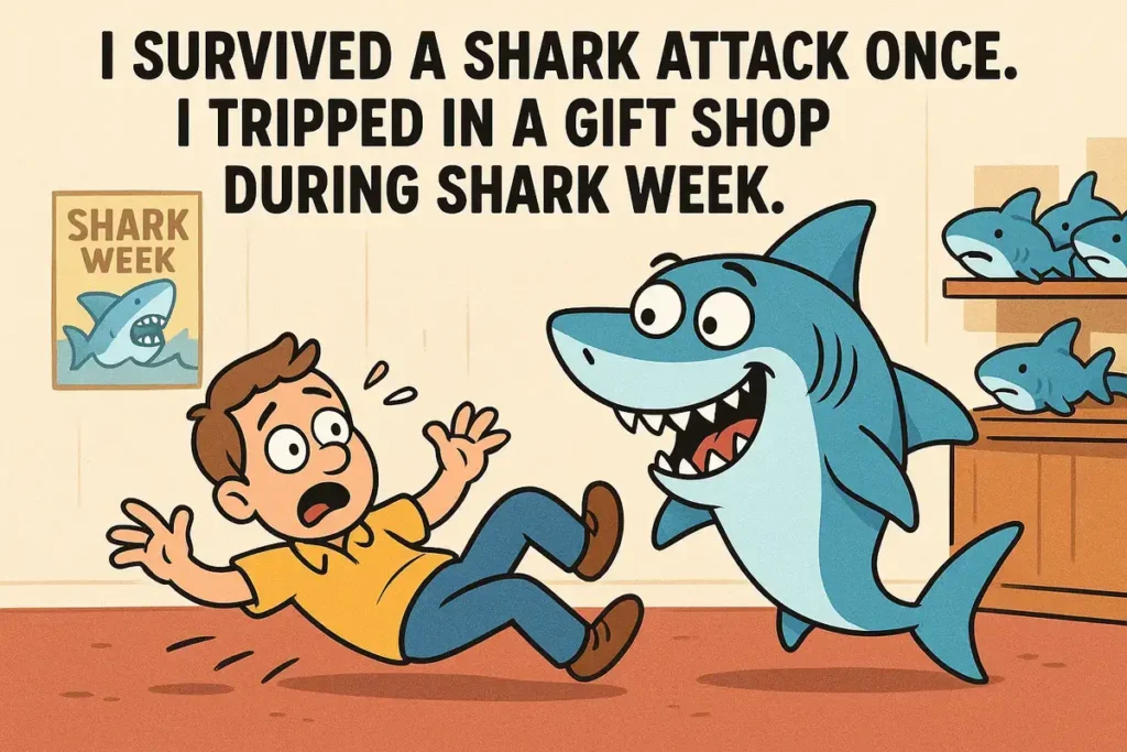 cartoon man tripping near funny shark in gift shop during Shark Week