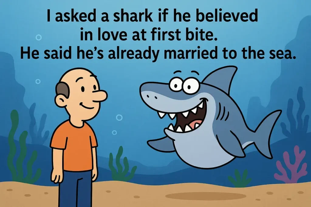 Funny cartoon shark underwater pun