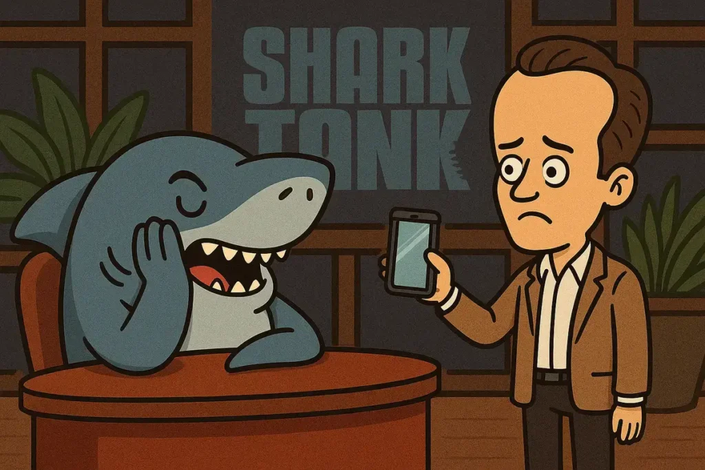 cartoon shark facepalming in shark tank pitch