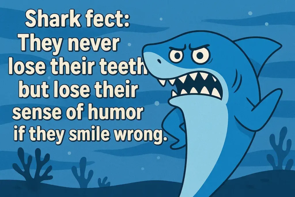 cartoon shark making face with hilarious shark jokes text