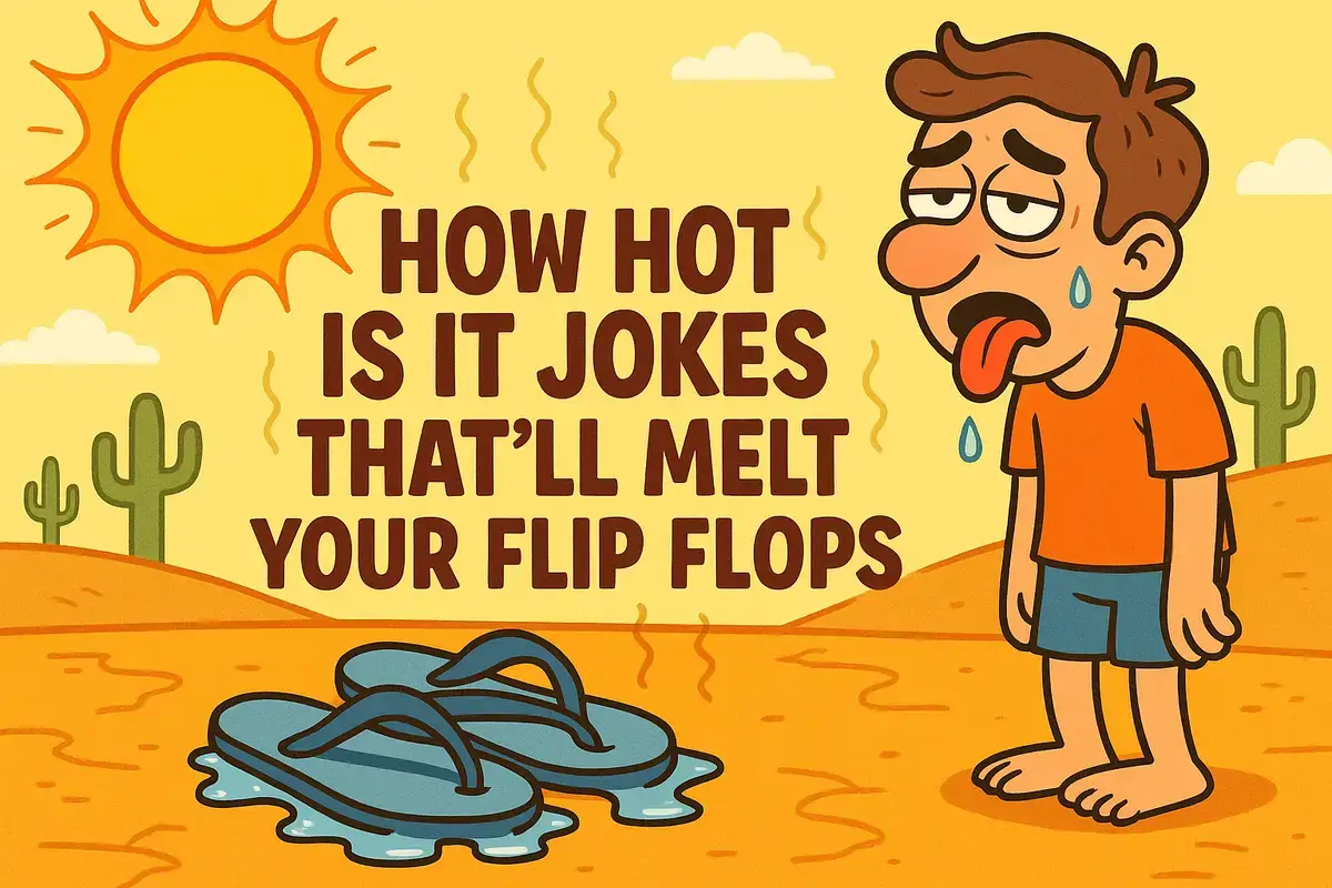 how hot is it jokes cartoon of melting flip flops in desert heat