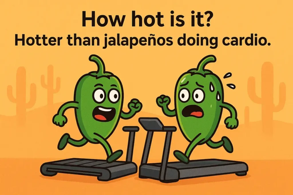 how hot is it jokes with cartoon jalapeños doing cardio