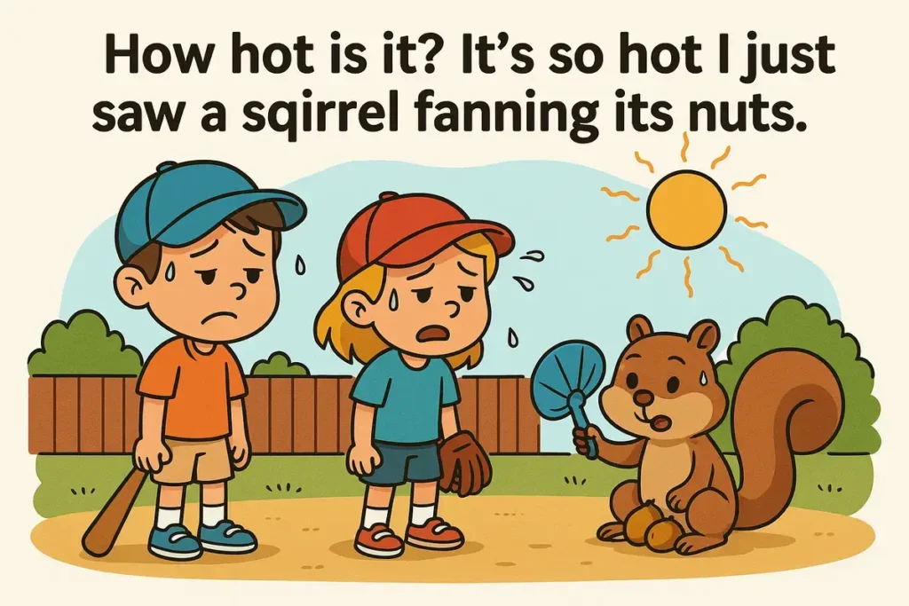 Cartoon of kids and squirrel in heatwave