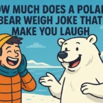 Cartoon of polar bear and man laughing with snowy background – How much does a polar bear weigh joke