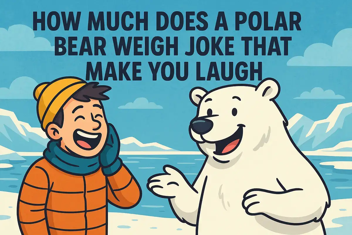 Cartoon of polar bear and man laughing with snowy background – How much does a polar bear weigh joke