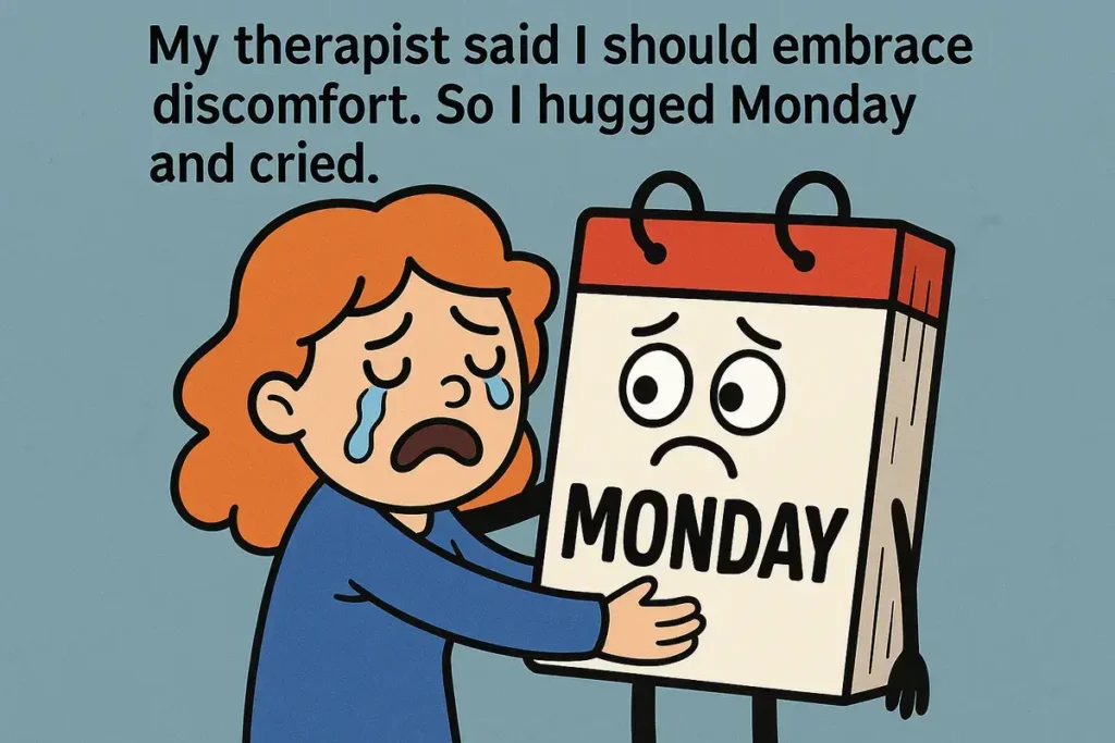 Cartoon woman hugging Monday calendar crying