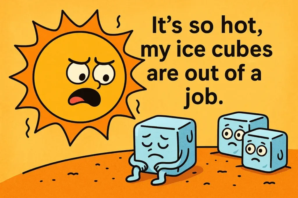 It's So Hot Outside Jokes cartoon showing melting ice cubes losing their job