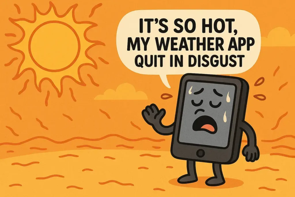 Sweaty cartoon phone under hot sun saying “It’s so hot, my weather app quit in disgust” – It's So Hot Outside Jokes.