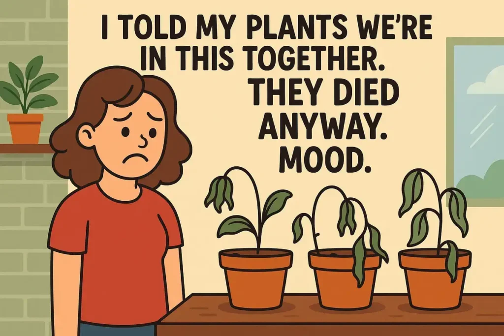 Sad cartoon woman with dead plants — best straight jokes no chaser.
