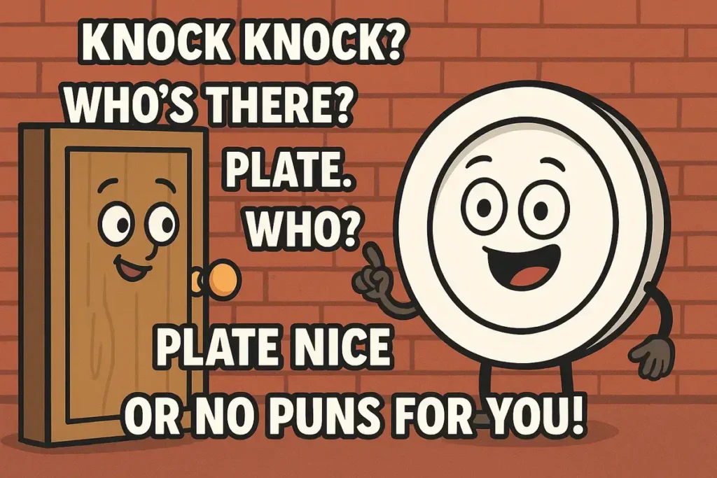 Knock Knock Whos There Jokes funny cartoon with plate pun and door character