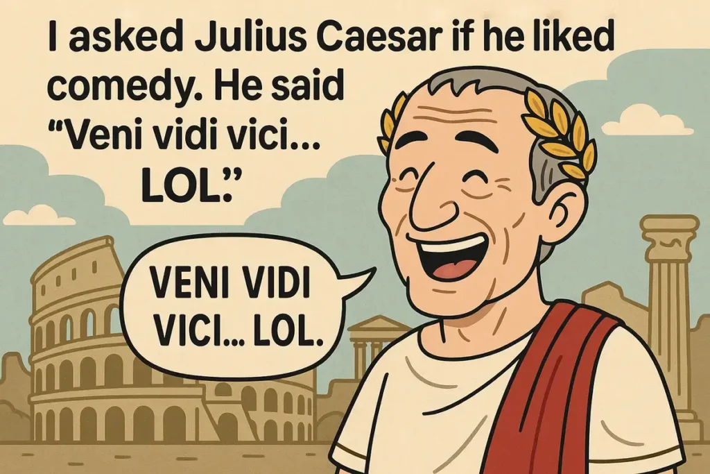 Cartoon Julius Caesar joke saying "Veni vidi vici... LOL"