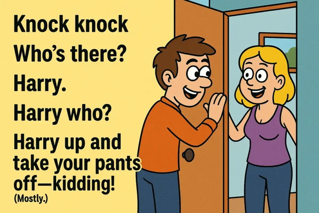 Cartoon of knock knock joke with Harry and woman at door